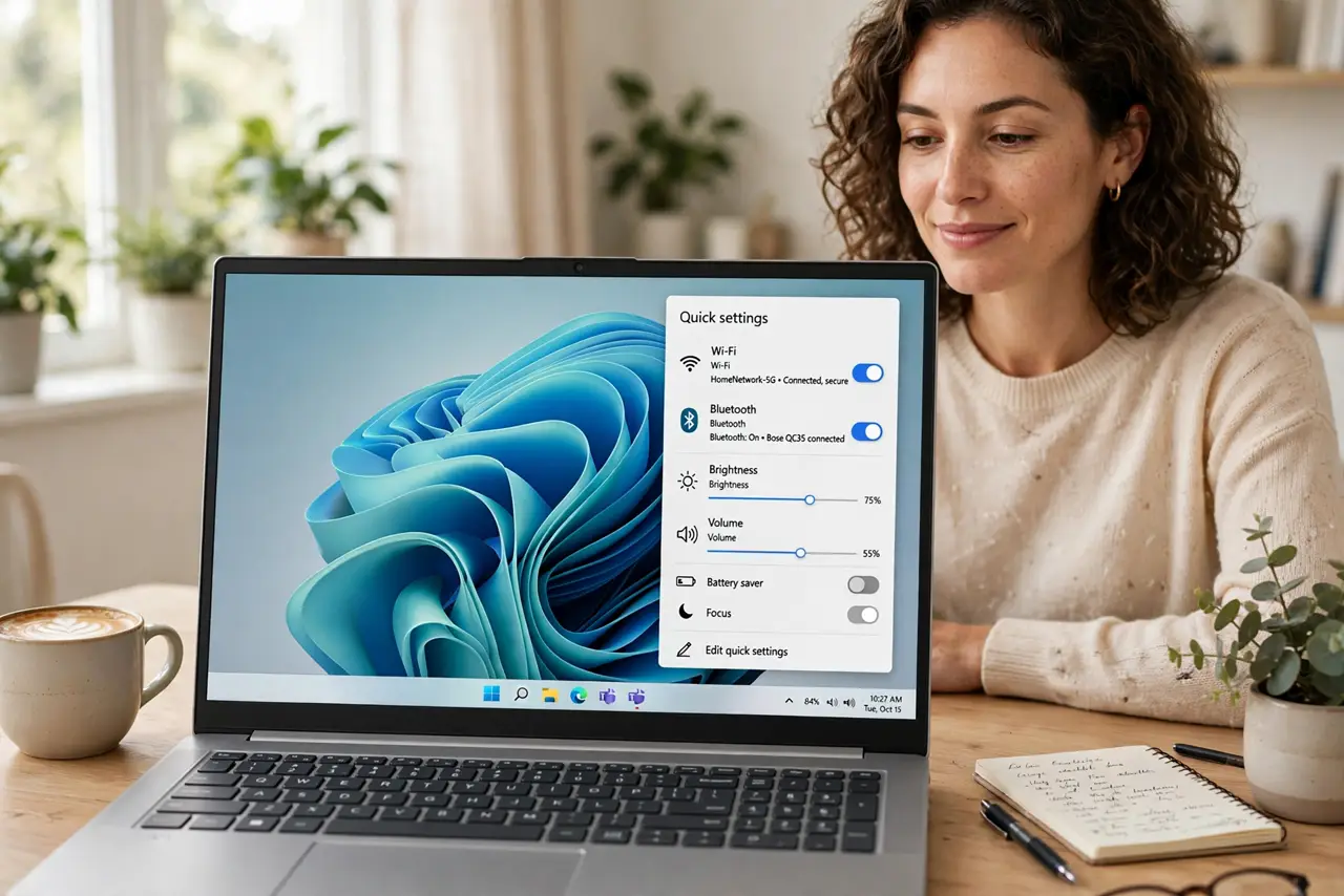 Photoreal photo: a calm person at a desk in front of a real Windows PC with the legible Quick Settings panel open showing Wi-Fi, Bluetooth, and brightness toggles, the person's face relaxed. No black screen, no blank whi