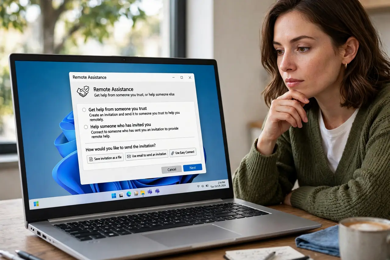 a person at a real Windows PC with a remote assistance window open showing legible options, the person's face deciding. No black screen, no blank white screen, no fake or garbled s.