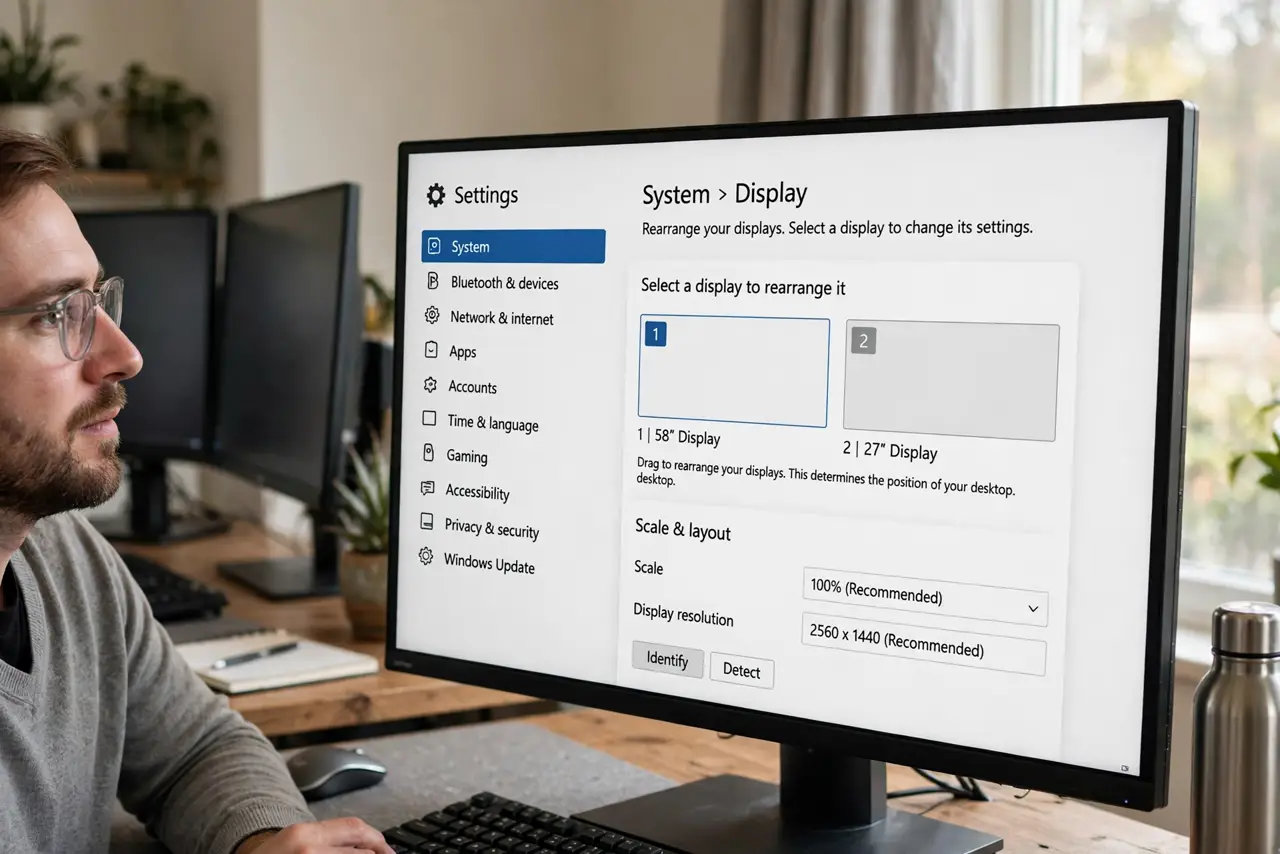 A person performing the first step: Open the arrangement diagram. Go to Settings > System > Display. The top area shows.