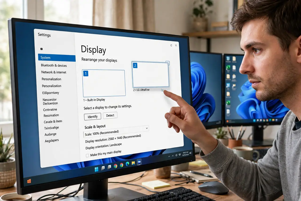 A person dragging a monitor rectangle in the real Windows Display settings arrangement diagram with legible screen