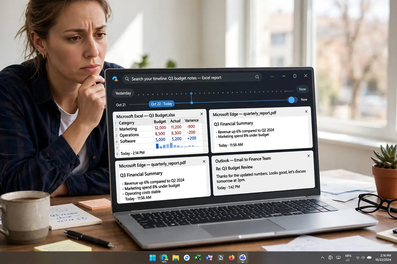 A person reviewing the real Recall timeline interface on a real Windows PC, the searchable screenshot timeline with legible text, the person's face thoughtful…