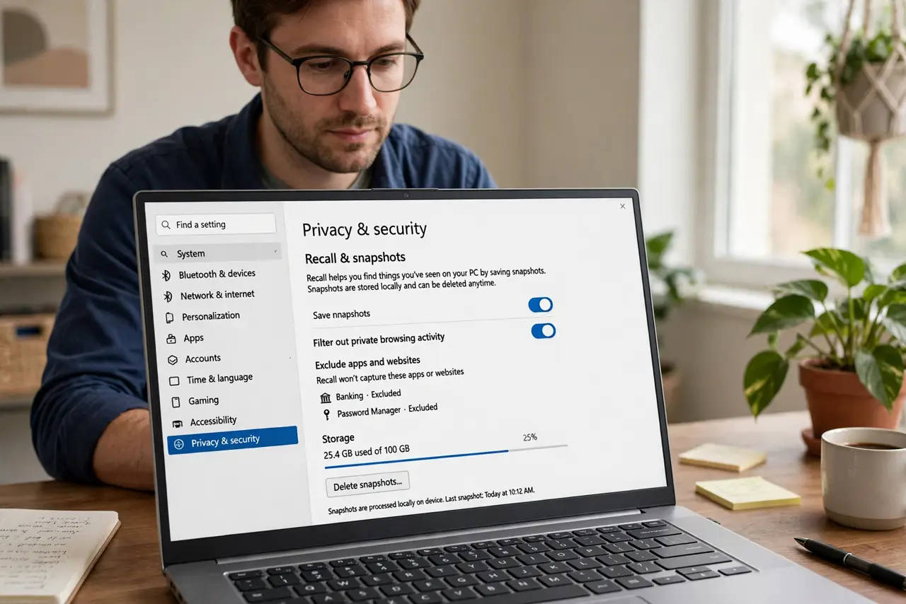 a person reviewing Recall privacy settings on a real Windows laptop with legible toggles, the person's face thoughtful and in control, home office.