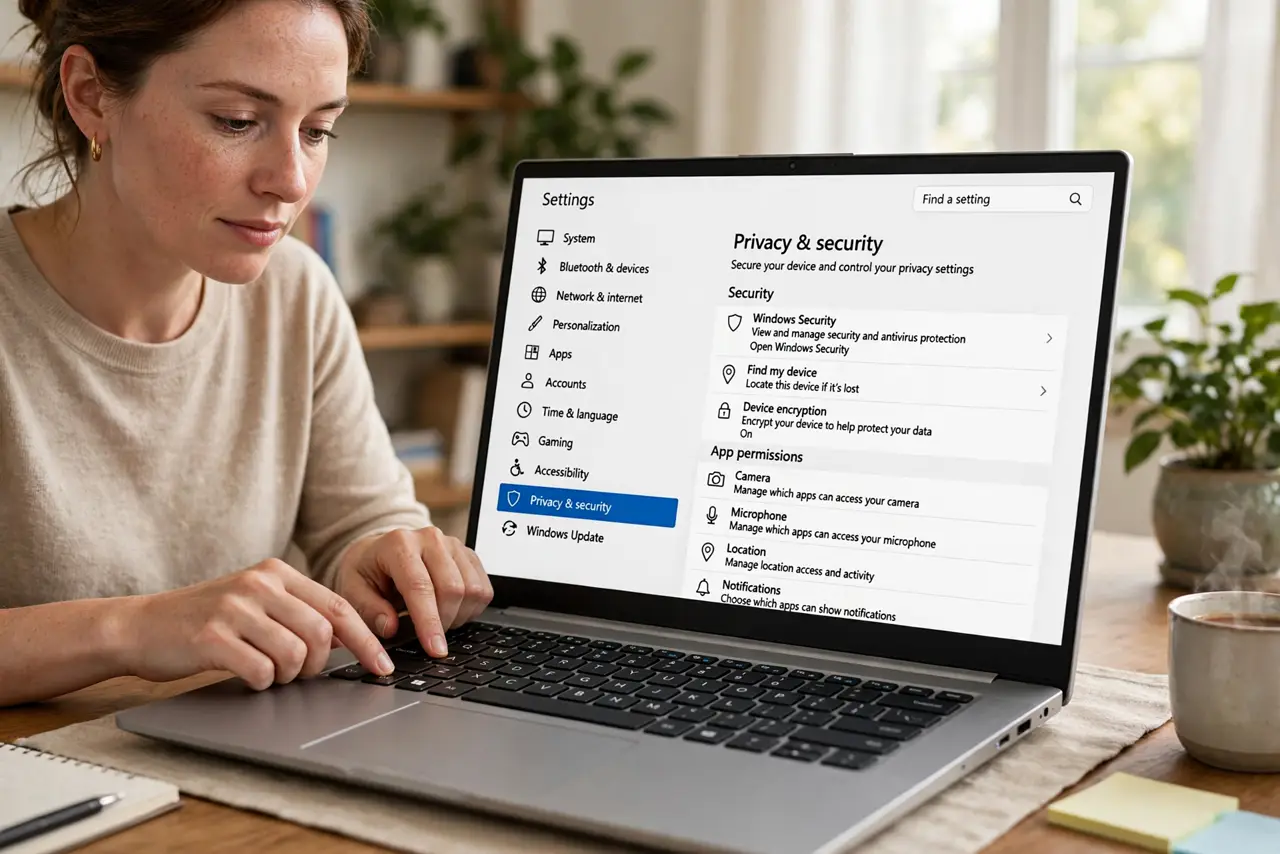 Photoreal photo of a person performing the first step: Open Settings to Privacy and security. Press Windows+I, then choose Privacy & security in th...