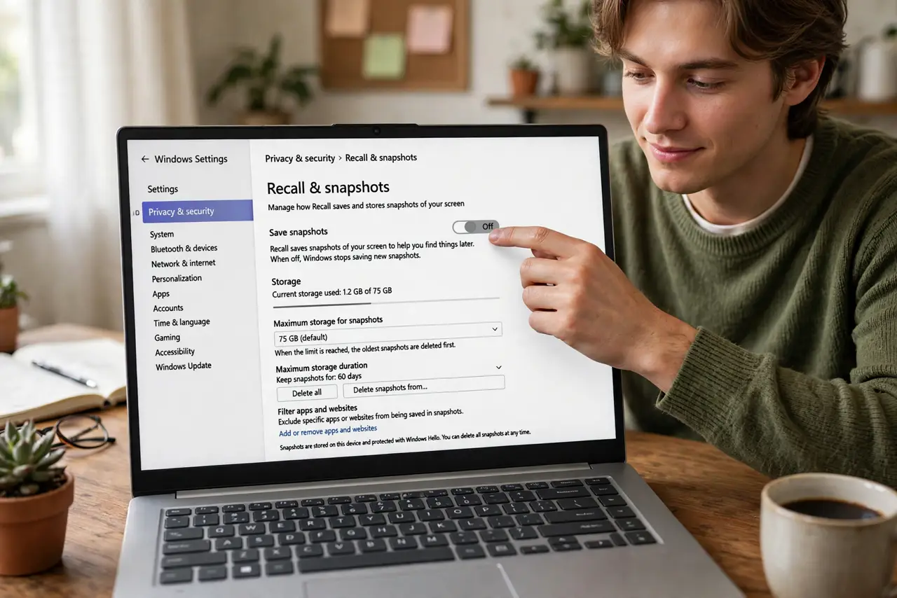 Photoreal photo: a person toggling a privacy setting off on a real Windows PC showing the Recall and snapshots settings page with legible text, the person's face calm, home office. No black screen, no blank white s...