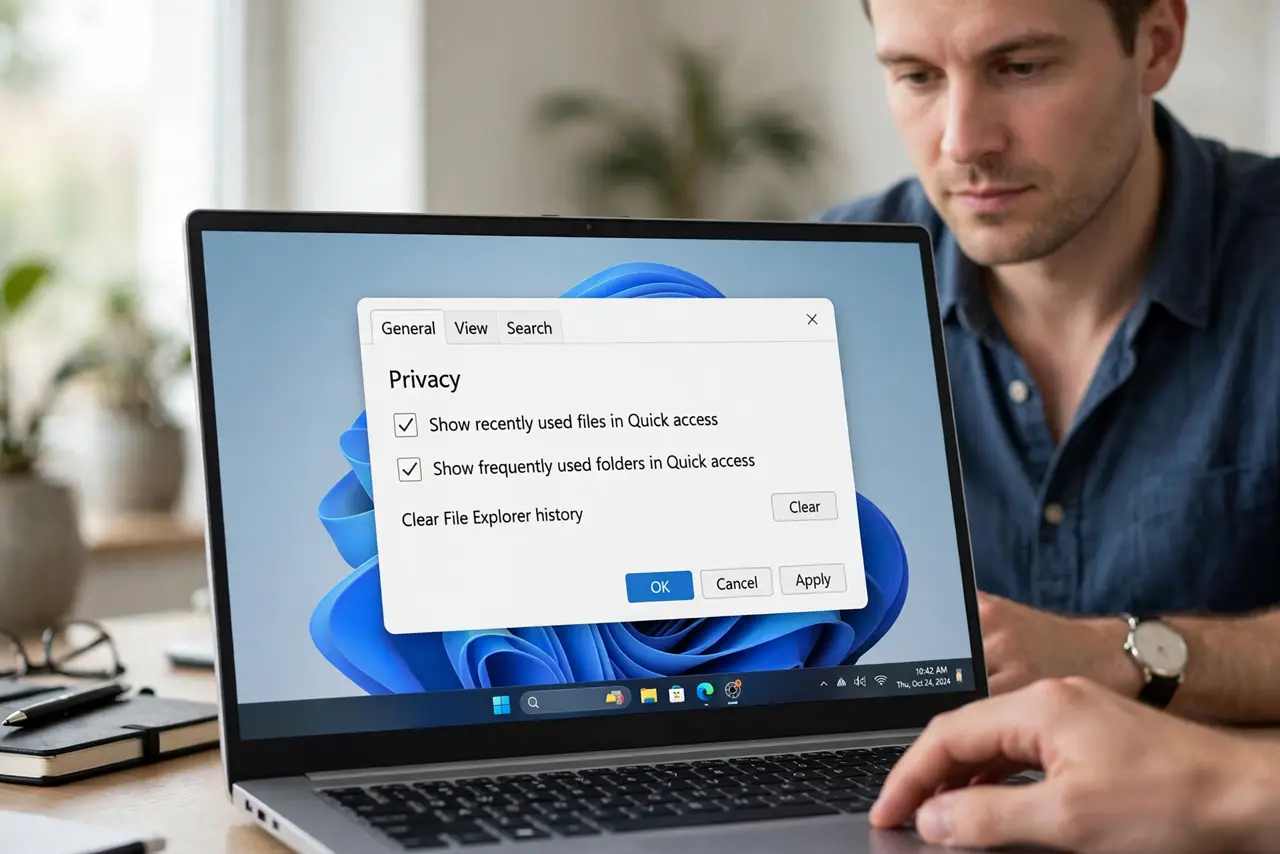 A person performing step 1 of the guide: Open Folder Options privacy settings. In File Explorer, open Folder Options and look at the Privacy section at the bottom of the General ...