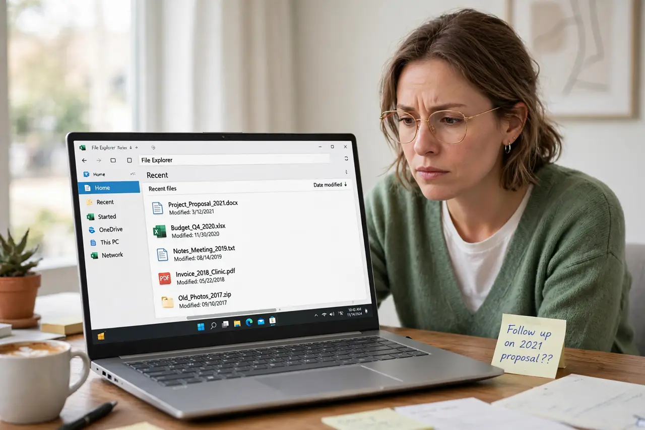 a real person at a desk looking at File Explorer on a Windows PC, the Recent files list visible on the real monitor with fully legible old file names, the person looking at it with mild confusion.
