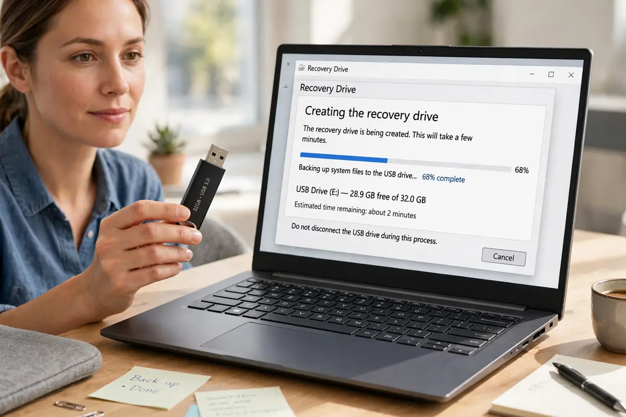 A person holding a real USB flash drive next to a real Windows laptop showing the Recovery Drive tool with legible