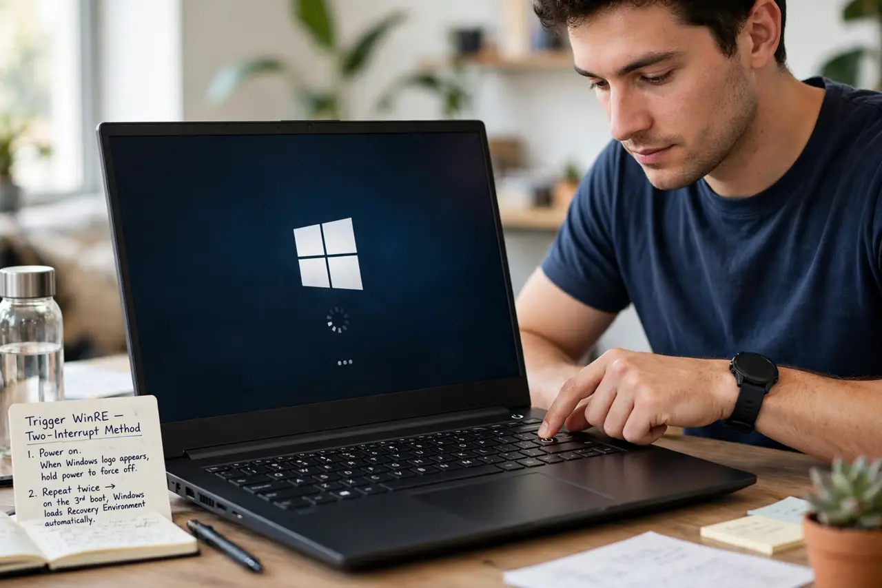 A person performing the first step of the guide: Trigger WinRE with the two-interrupt method. Power on, and when the Windows logo appears, hold power to force.