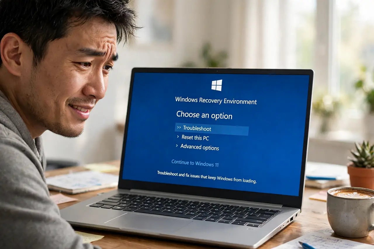 A person looking at a real PC monitor showing the blue Windows Recovery Environment screen with Troubleshoot options legible, the person's face.