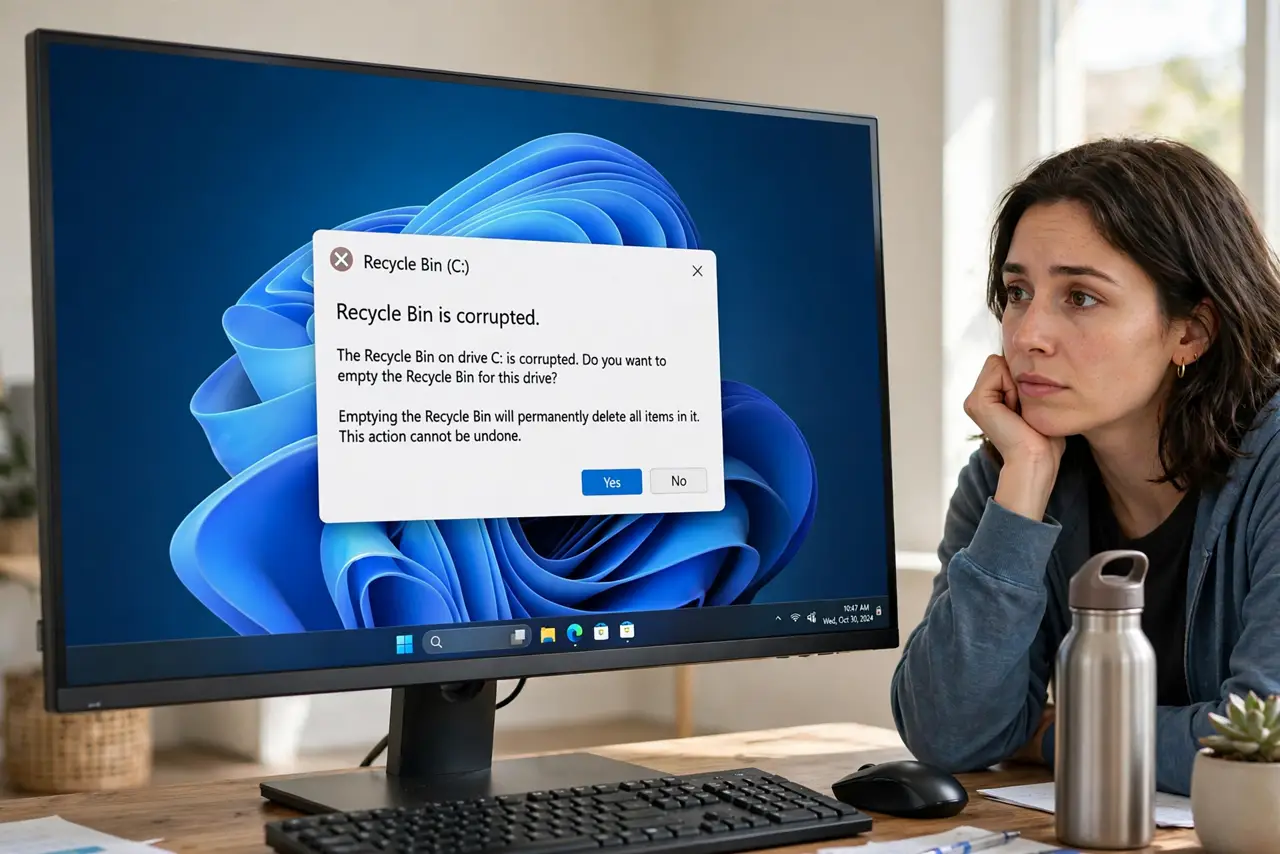A person reading an error dialog on a real Windows PC monitor showing a Recycle Bin corrupted message fully legible, the person's face worried but calm.