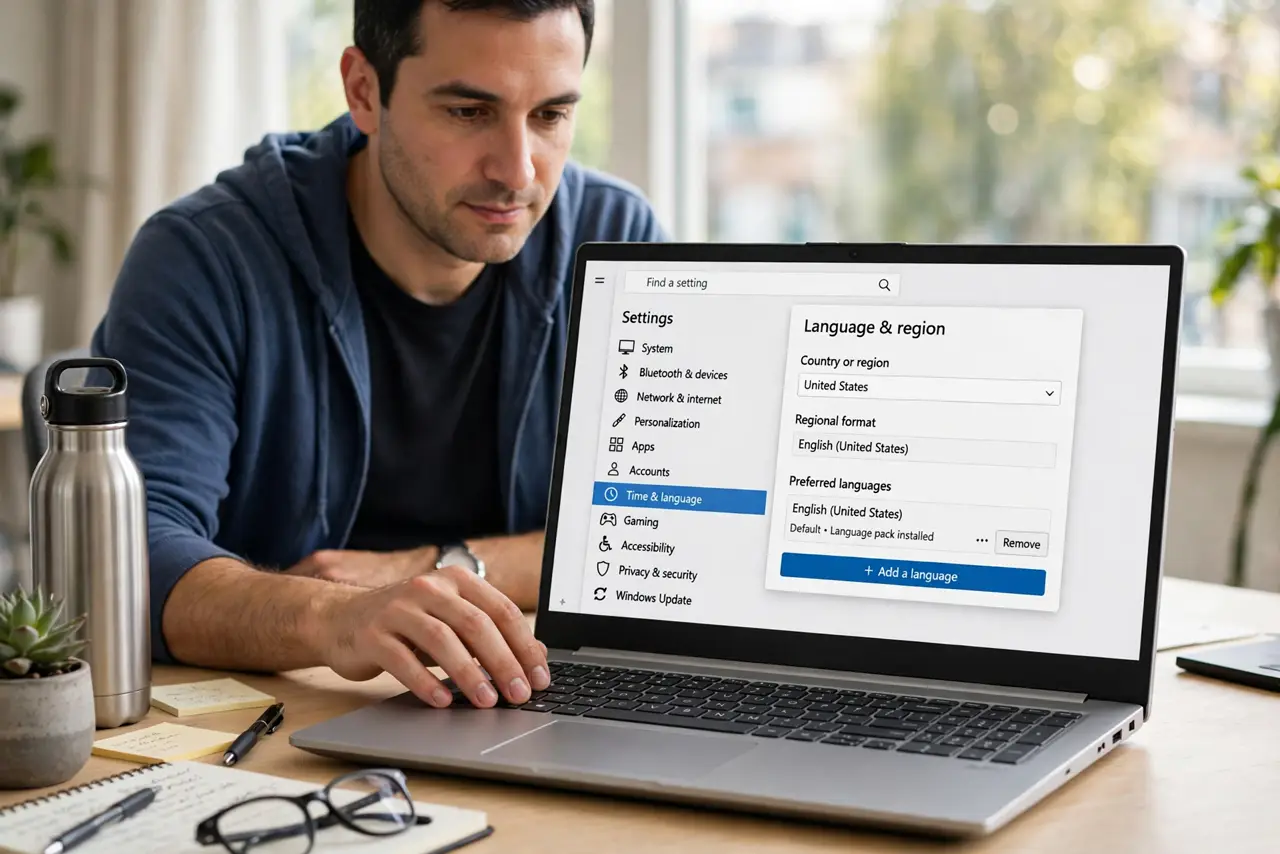 A person carrying out step one: open language and region settings.