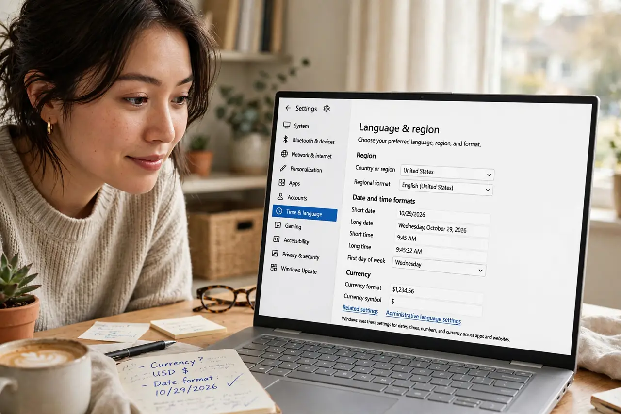 A person looking at a real Windows laptop showing the Region settings page with legible date and currency format options, the person's face mildly puzzled then…