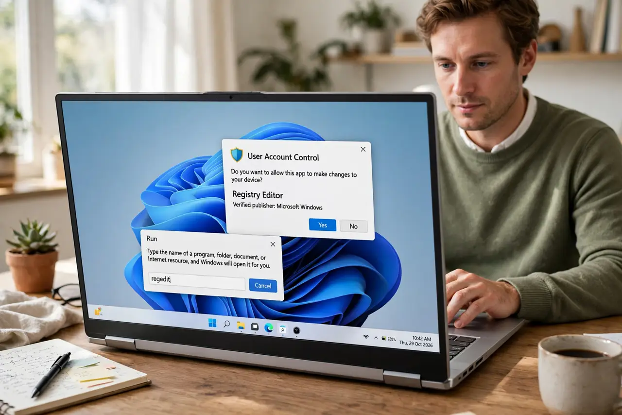 Photoreal photo of a person performing the first step: Open Registry Editor. Press Windows+R, type regedit, and press Enter. Confirm the admin prom...