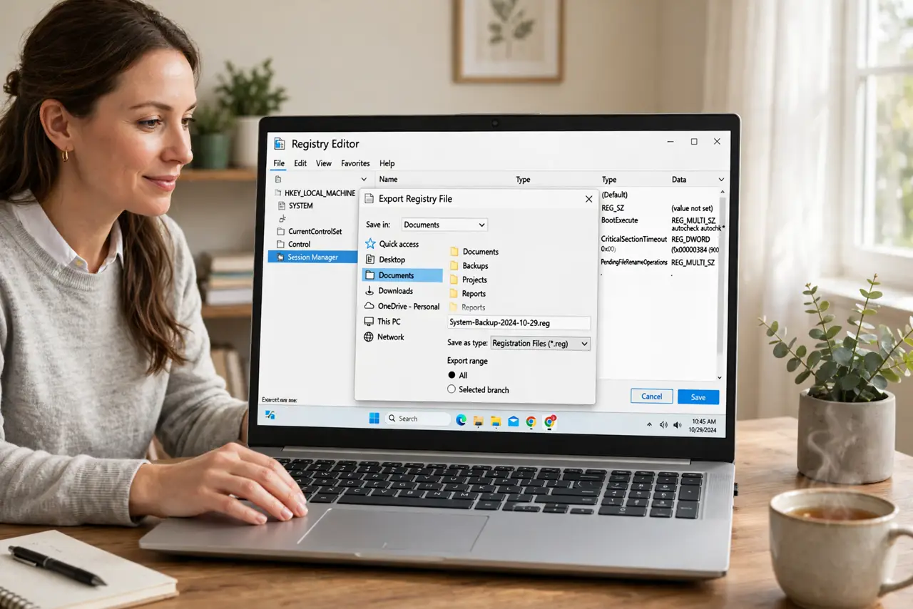 Photoreal photo: a person exporting the registry on a real Windows PC with the Registry Editor export dialog visible and legible, the person's face careful, home office. No black screen, no blank white screen, no f...