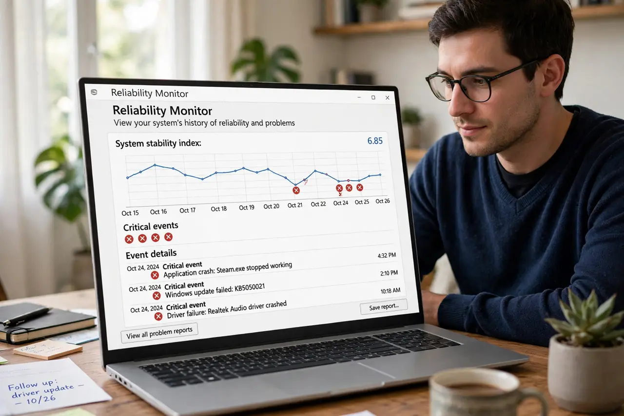 A person looking at the real Windows Reliability Monitor on a real laptop screen, the timeline showing stability index with some red X marks, the person's face focused,.