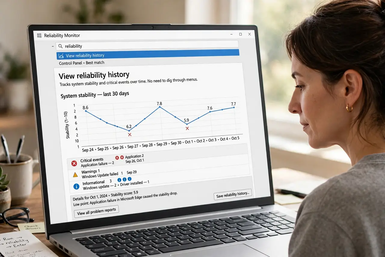A person performing the first step of the guide: Open Reliability Monitor the fast way. Press the Windows key, type reliability, and open View reliability.