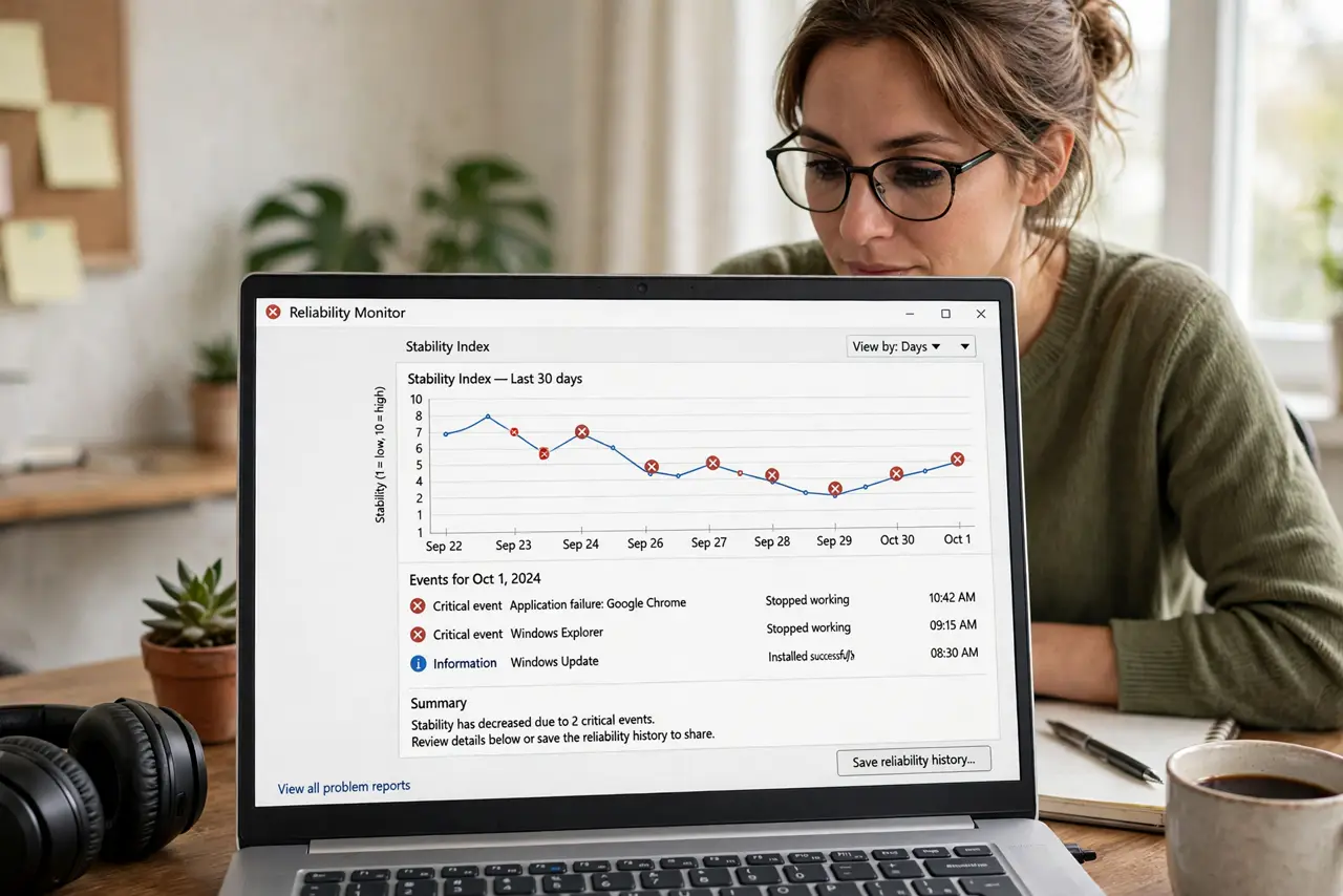 A person looking at a real Windows Reliability Monitor window on a PC monitor, the stability chart with red X marks clearly legible, the person.