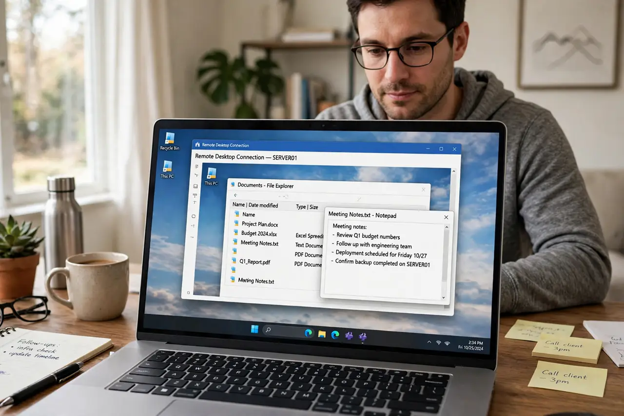A person sitting at a real desk using a real laptop whose screen clearly shows another Windows desktop in a remote session window with legible text, the…