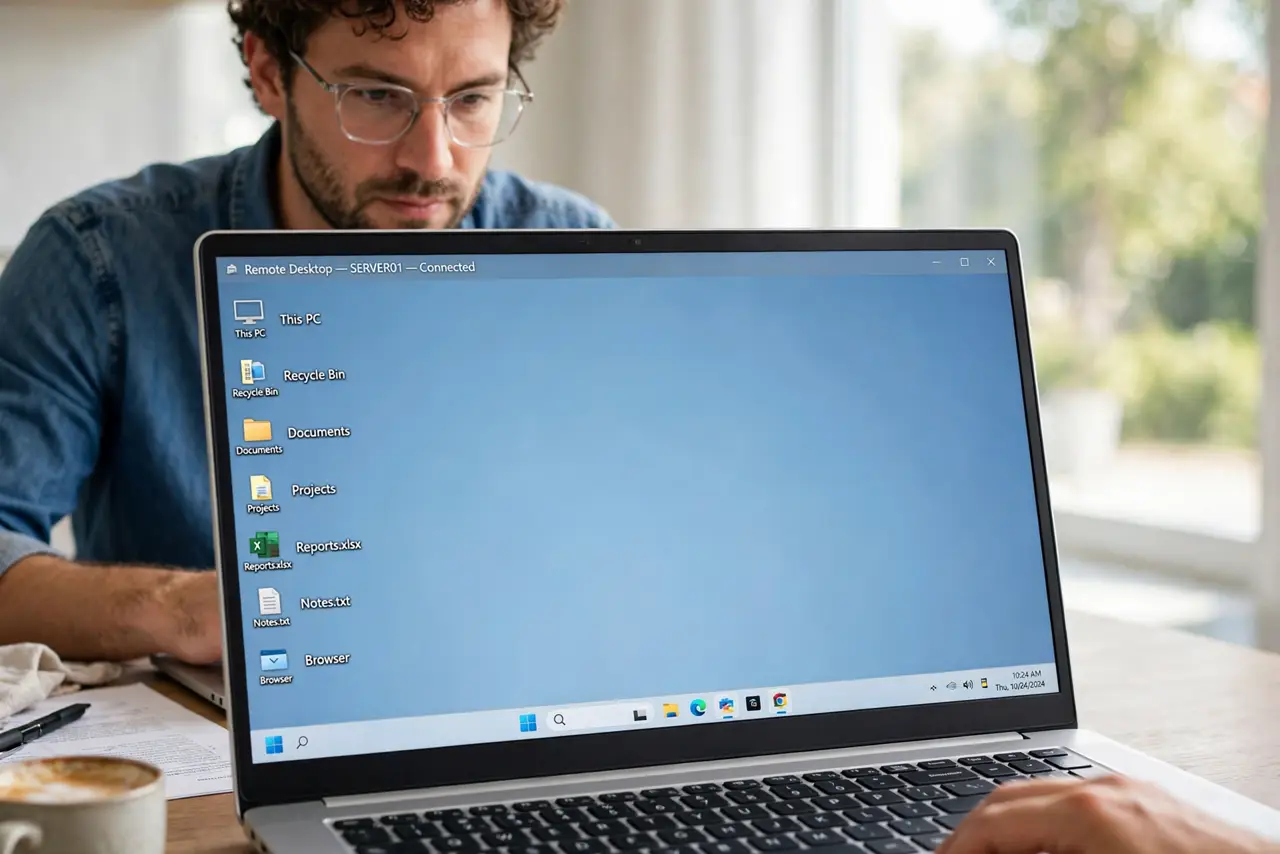 a person using a real laptop showing a remote desktop window with a Windows desktop and legible icons inside, the person's face focused. No black screen, no blank white screen, no .