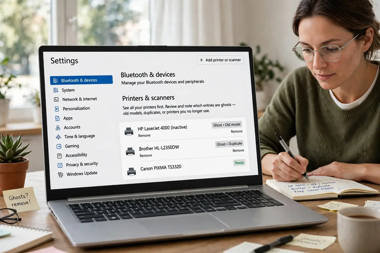 A person performing step 1: See all your printers first. Open Settings > Bluetooth & devices > Printers & scanners and note which entries .