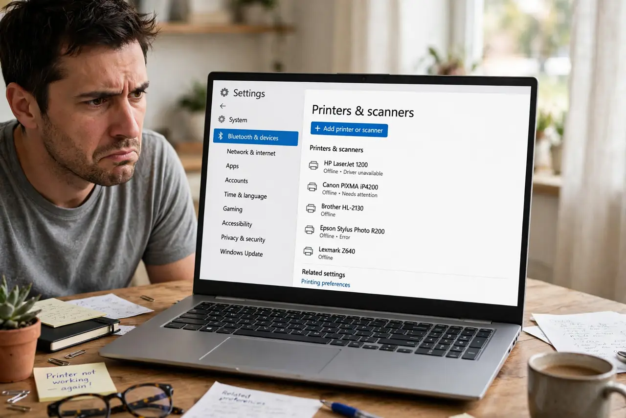 A person looking at a real Windows laptop screen showing the printers list with several old printer names, the person's face annoyed, home office desk.