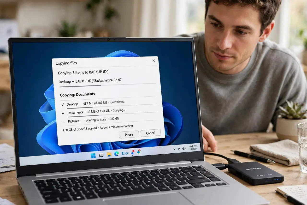 A person performing the first step: Back up the account's files. Copy anything worth keeping from their Desktop.