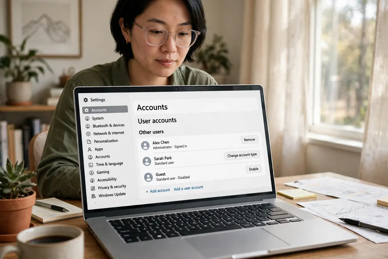 A person reviewing a list of user accounts on a real Windows laptop with legible settings text on screen, the person's