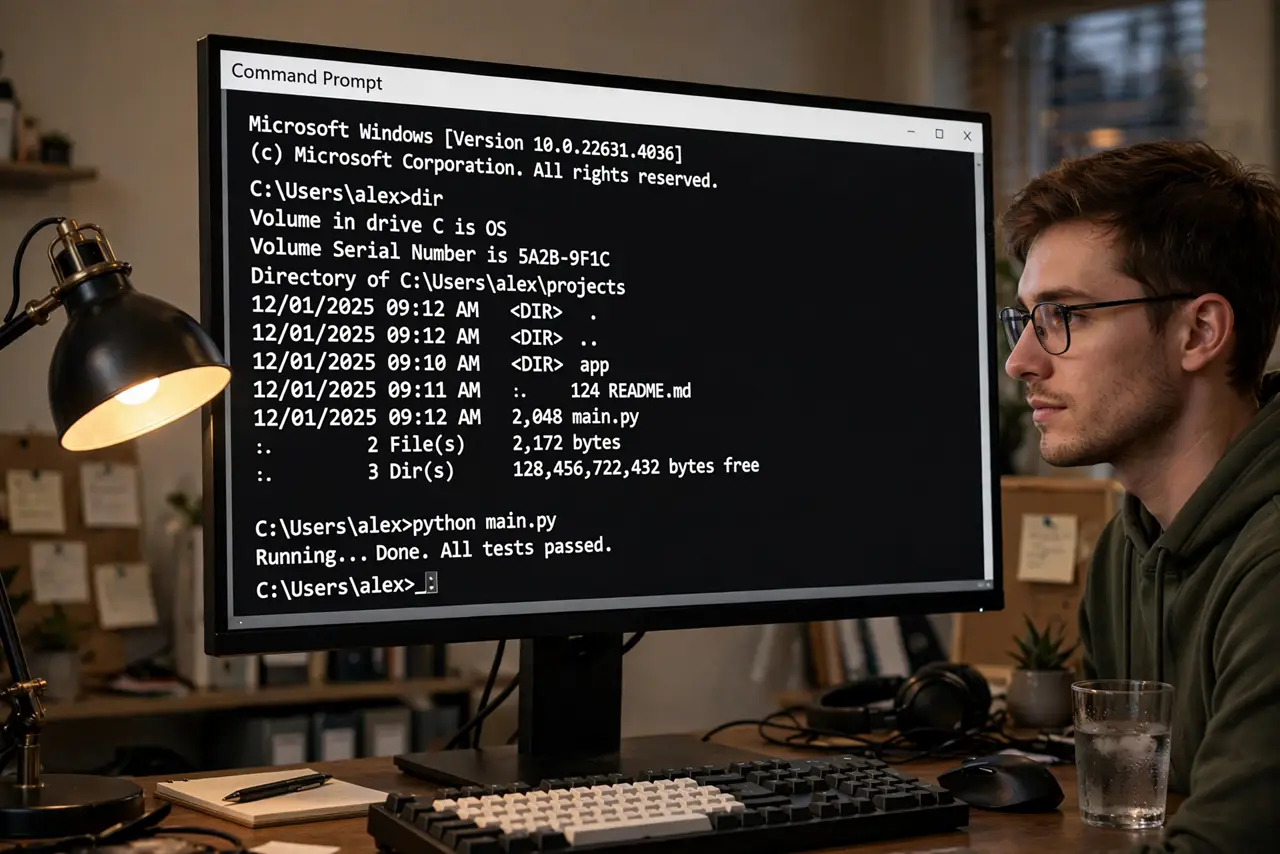 A person sitting at a real Windows desktop PC with a command prompt window showing legible text on the monitor, the