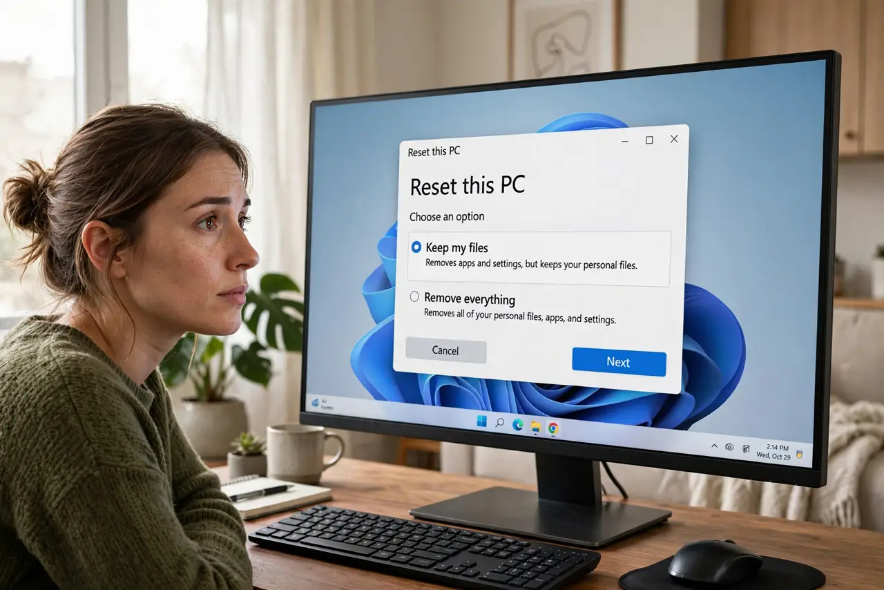 A person watching a real Windows desktop monitor showing the Reset this PC dialog with the Keep my files option