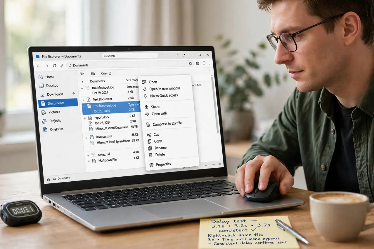 A person performing step 1 of the guide: Time the delay so you can measure the fix. Right-click the same file three times and count the seconds until the menu appears. A repeatab...