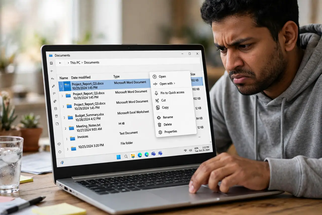 a real person at a desk right-clicking a file on a Windows PC, the context menu visible on the real monitor with fully legible text, the person waiting with a mildly annoyed expression.