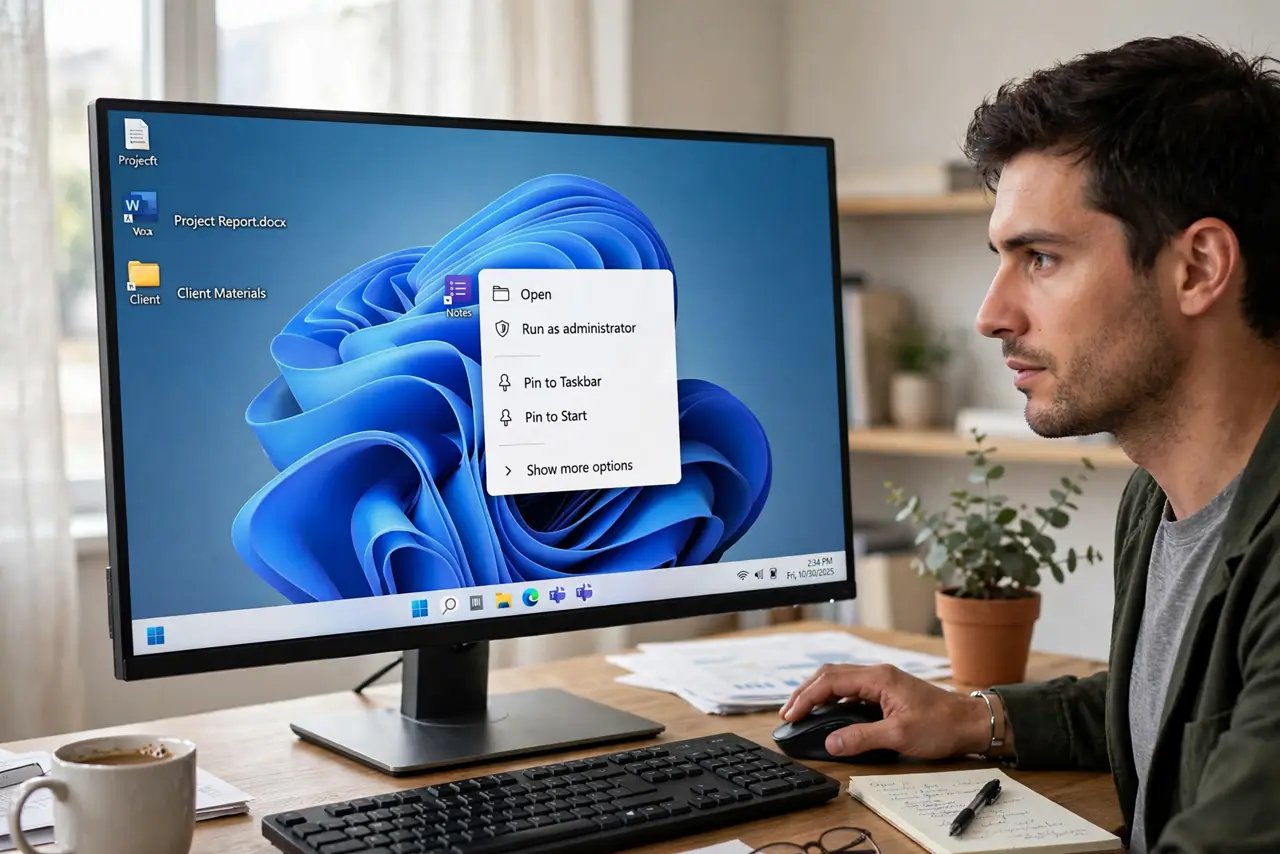 A person right-clicking an app icon on a real Windows desktop with the context menu legible on screen, the person's