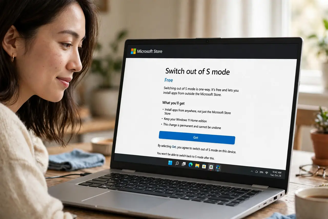 a person looking at a real Windows laptop showing the Microsoft Store page for switching out of S mode with legible text, the person's face relieved, home.