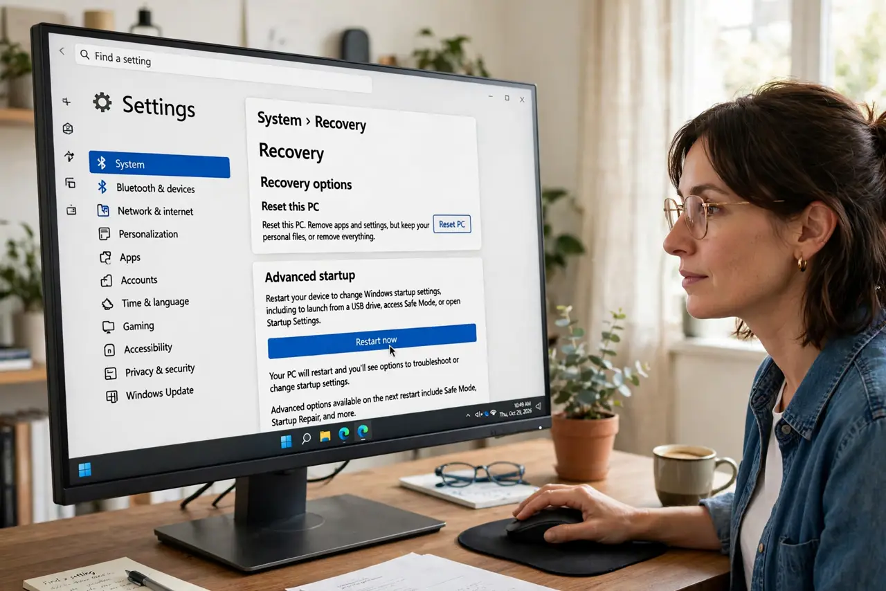 A person performing the first step: Enter from Settings. Go to Settings > System > Recovery > Advanced startup and.