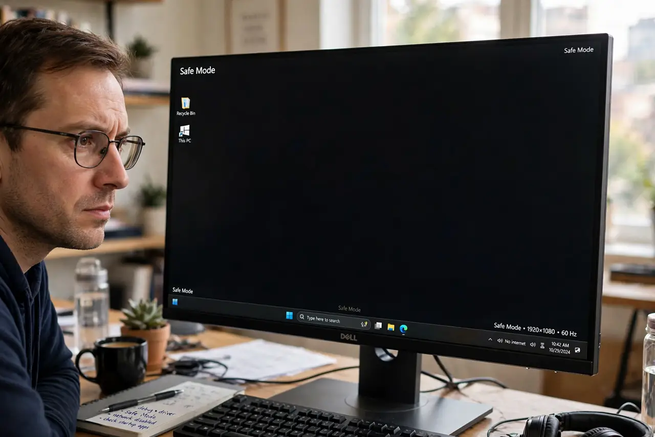 A person looking at a real Windows desktop monitor showing the minimal Safe Mode desktop with legible corner text, the