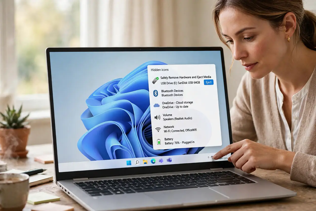 A person performing step 1 of the guide: Check the hidden icons overflow. Click the up arrow in the taskbar corner. Windows often moves the Safely Remove icon into the overflow a...
