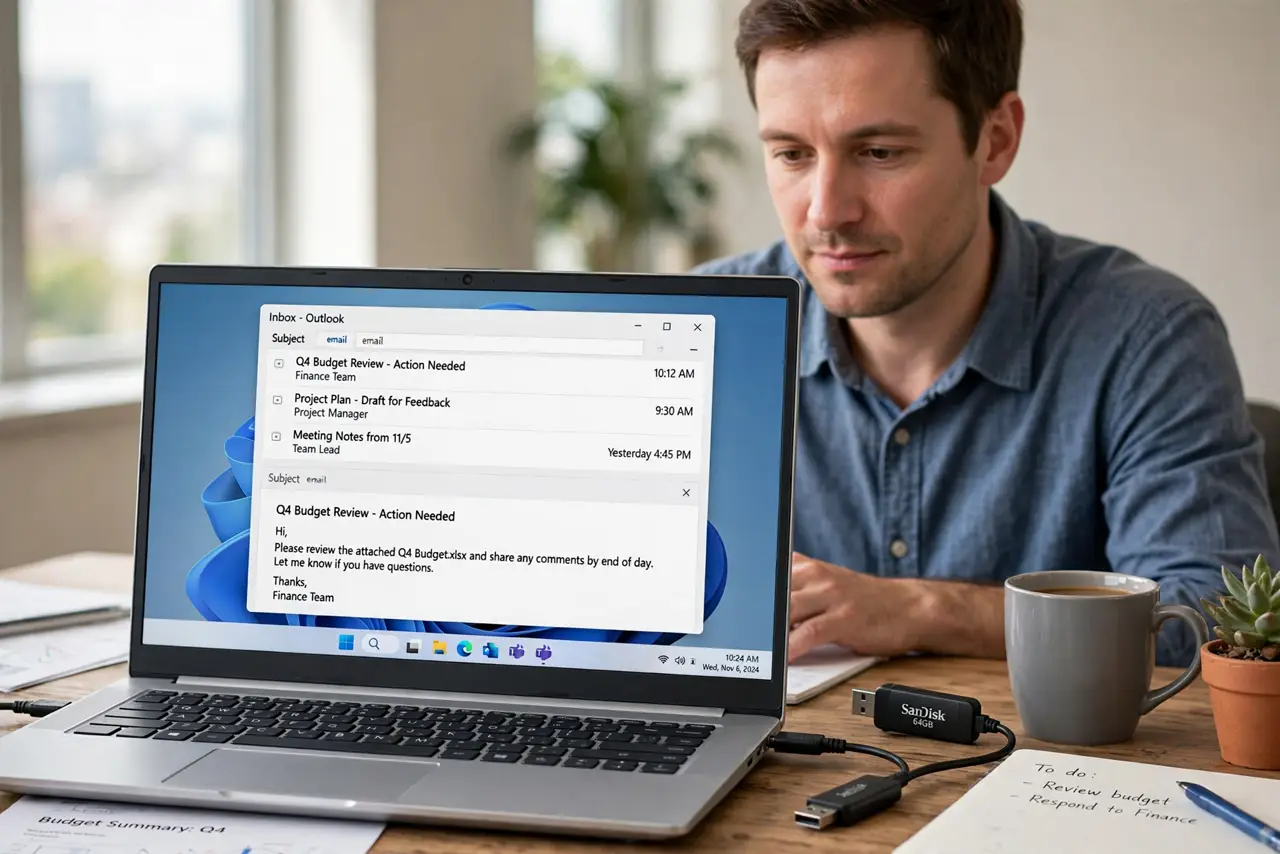 a calm adult at a desk with a real Windows laptop, the taskbar corner visible with fully legible icons, an external USB drive connected beside the laptop.