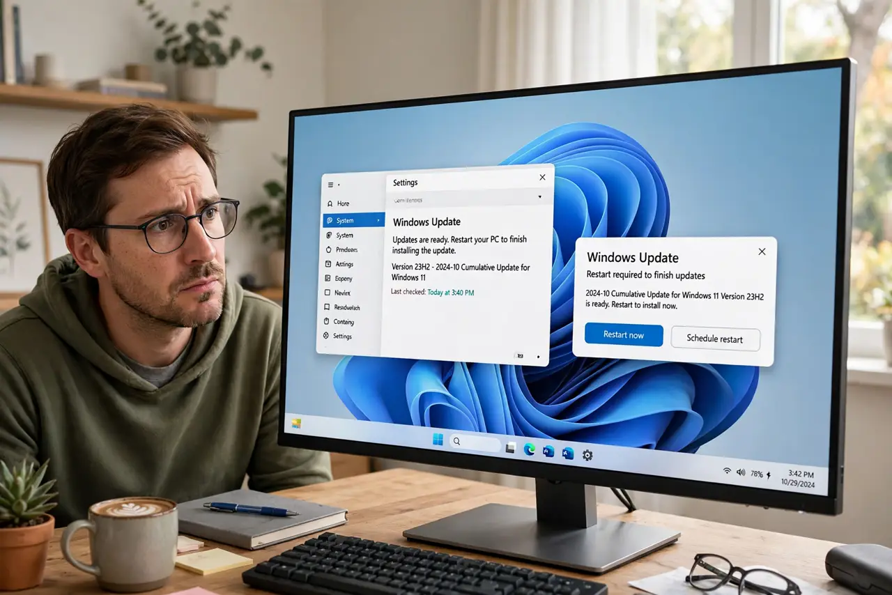 A person looking at the Windows taskbar notification area on a real monitor, the screen legible, the person's face slightly puzzled, home office.
