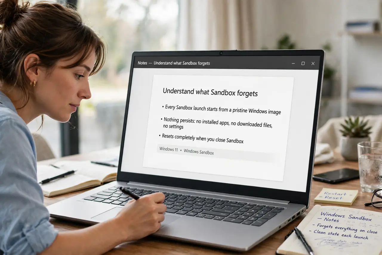 A person performing the guide's first step: Understand what Sandbox forgets. Every Sandbox launch starts from a pristine Windows image — nothing persists: no installed apps, no…