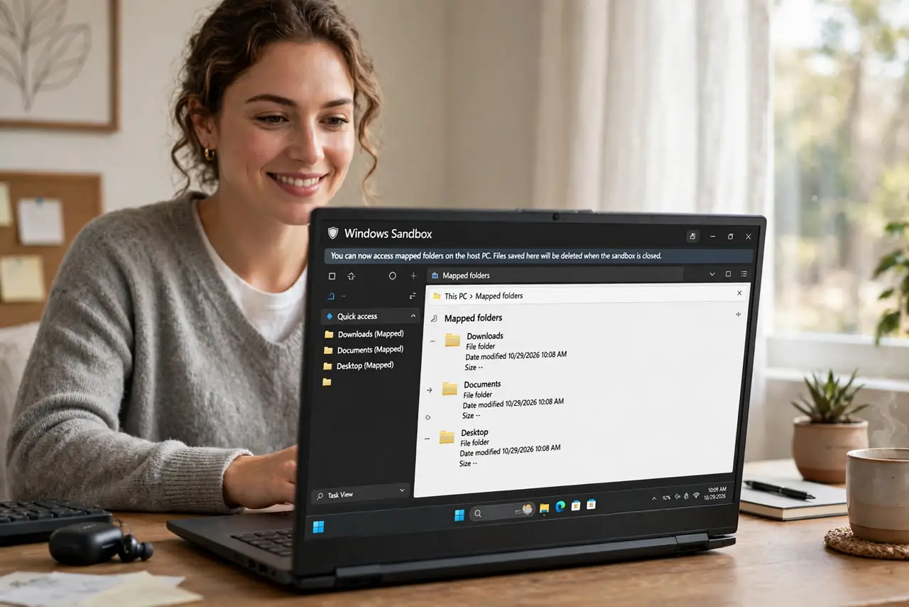 A person at a desk with a real PC showing Windows Sandbox open with legible mapped folders inside, the person's face pleased, home office..