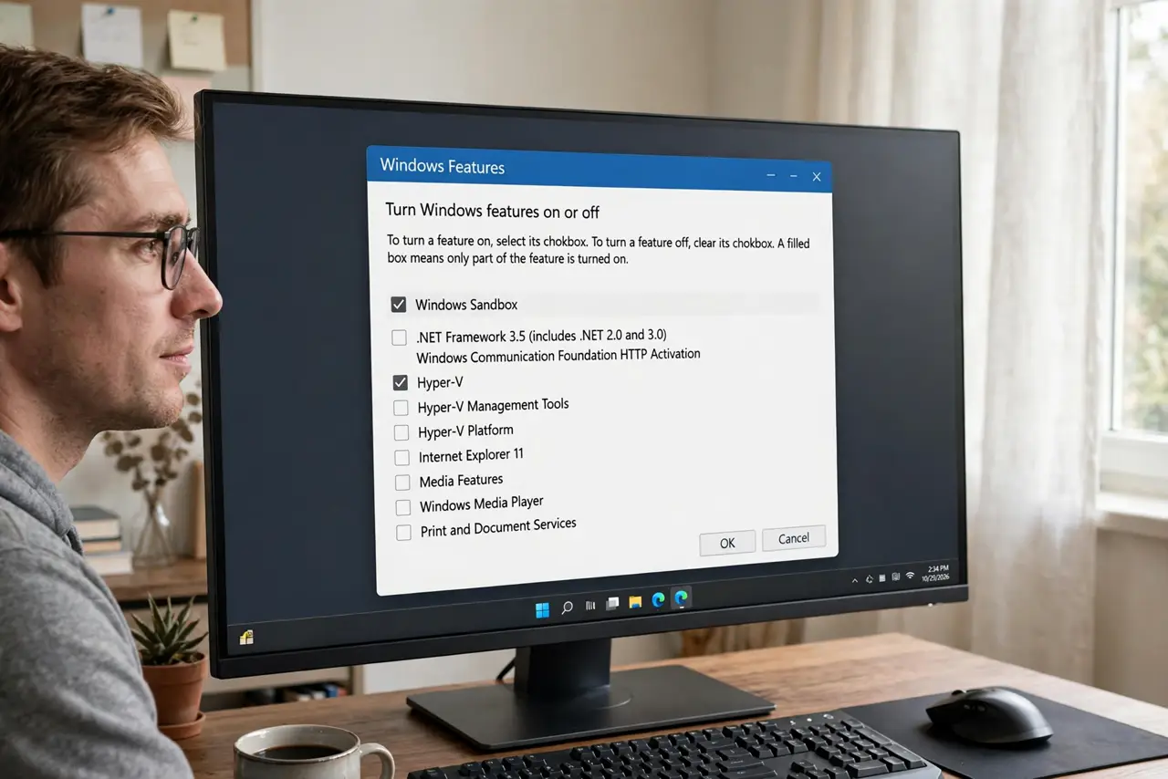 A person sitting at a real Windows 11 PC, the monitor showing the Turn Windows features on or off dialog with the Windows Sandbox checkbox clearly legible, the person's face focused and calm, home office.