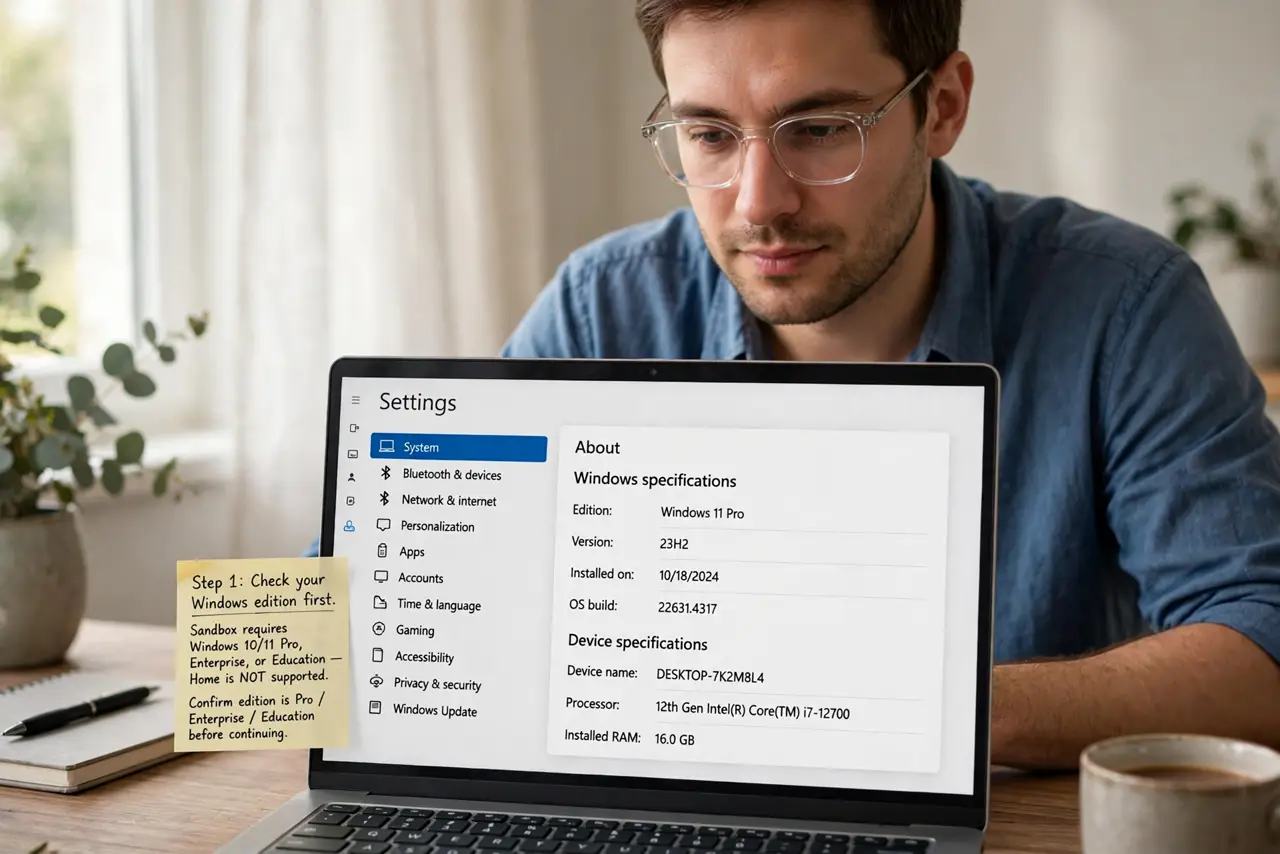 A person performing the first step of the guide: Check your Windows edition first.