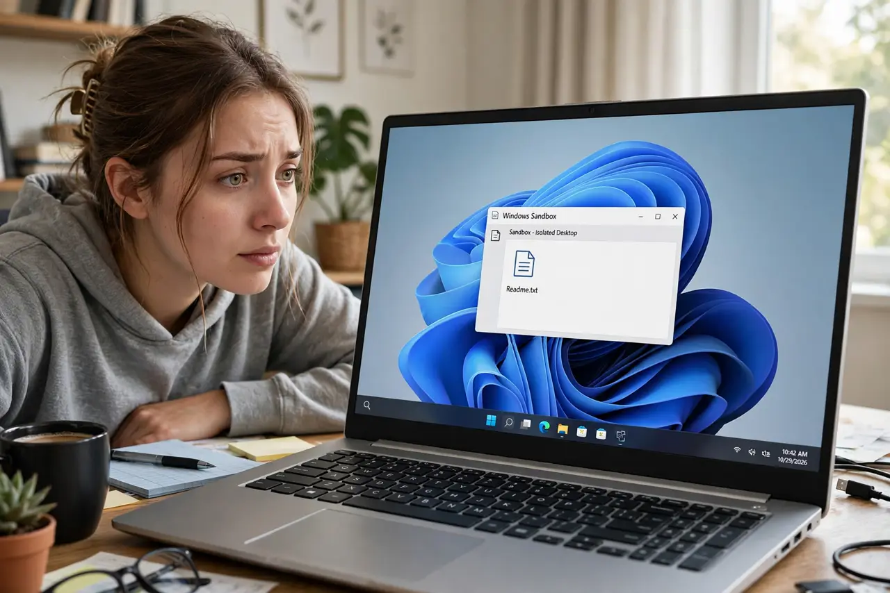 a person sitting at a real Windows PC, the screen showing a small isolated desktop window labeled Windows Sandbox with a file icon inside it, the person's face cautious but curious, home office desk.