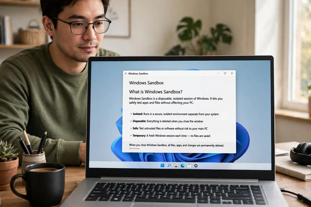 Photoreal photo of a person performing the first step: Understand what Sandbox is for. Windows Sandbox is a disposable, isolated Windows session for o