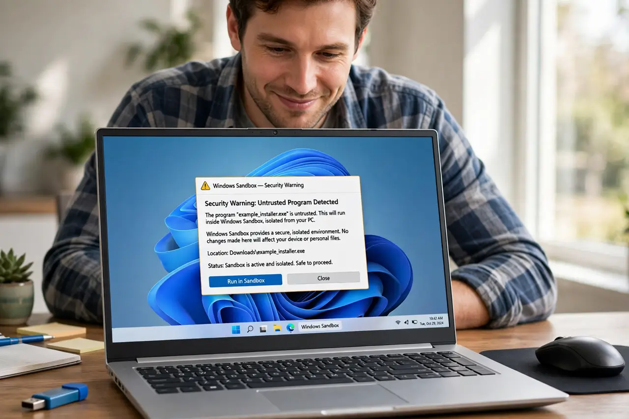 Photoreal photo: a person at a Windows PC with a real monitor showing the Windows Sandbox window with a warning-style border and legible text, a USB drive beside the keyboard, the person's face realizing and then relieved. No black sc