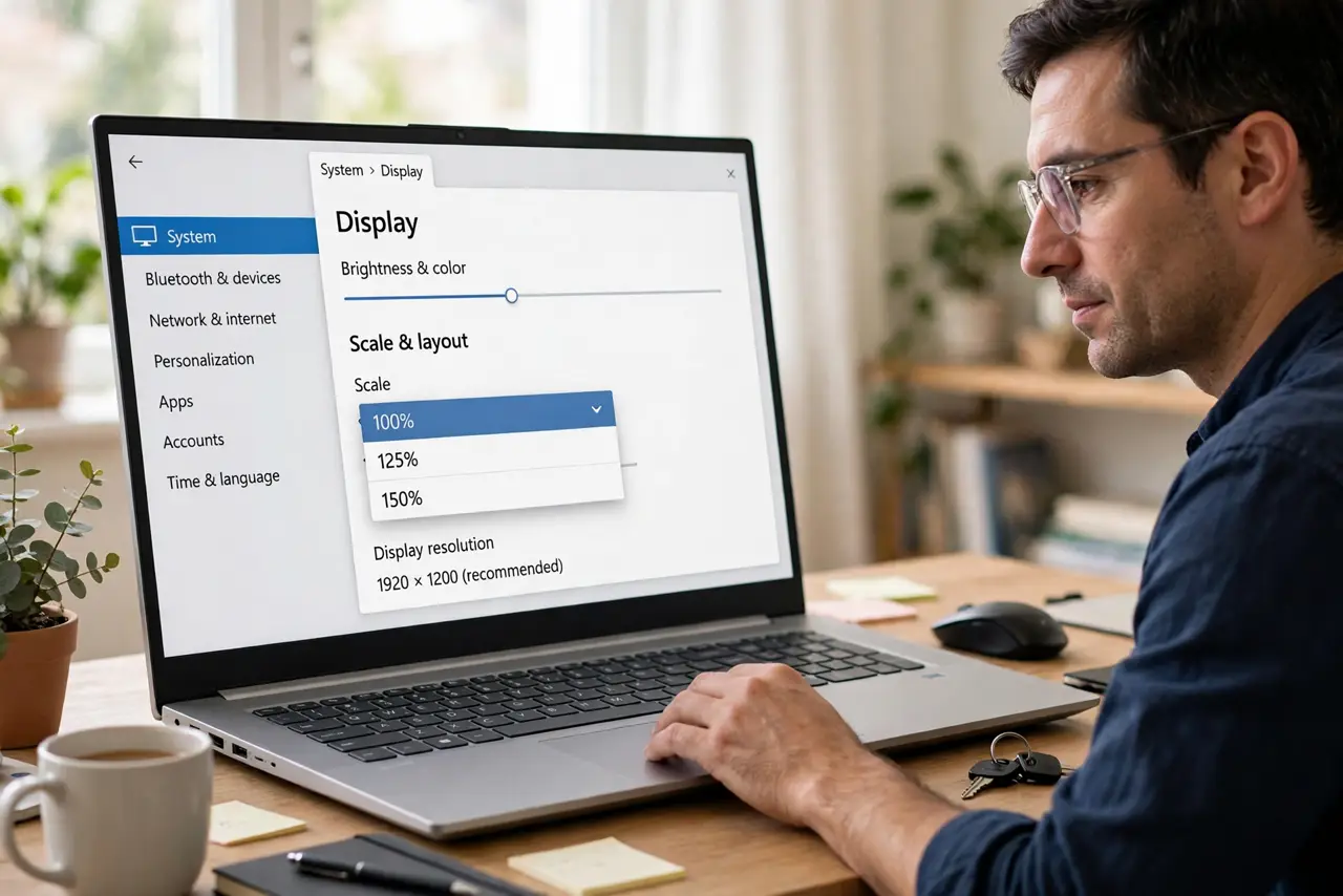 Photoreal photo of a person performing the first step: Find the Scale setting. Go to Settings > System > Display and look for Scale — a percentage dropdown, usually 100%, 125%, or 150%. This is the correct...