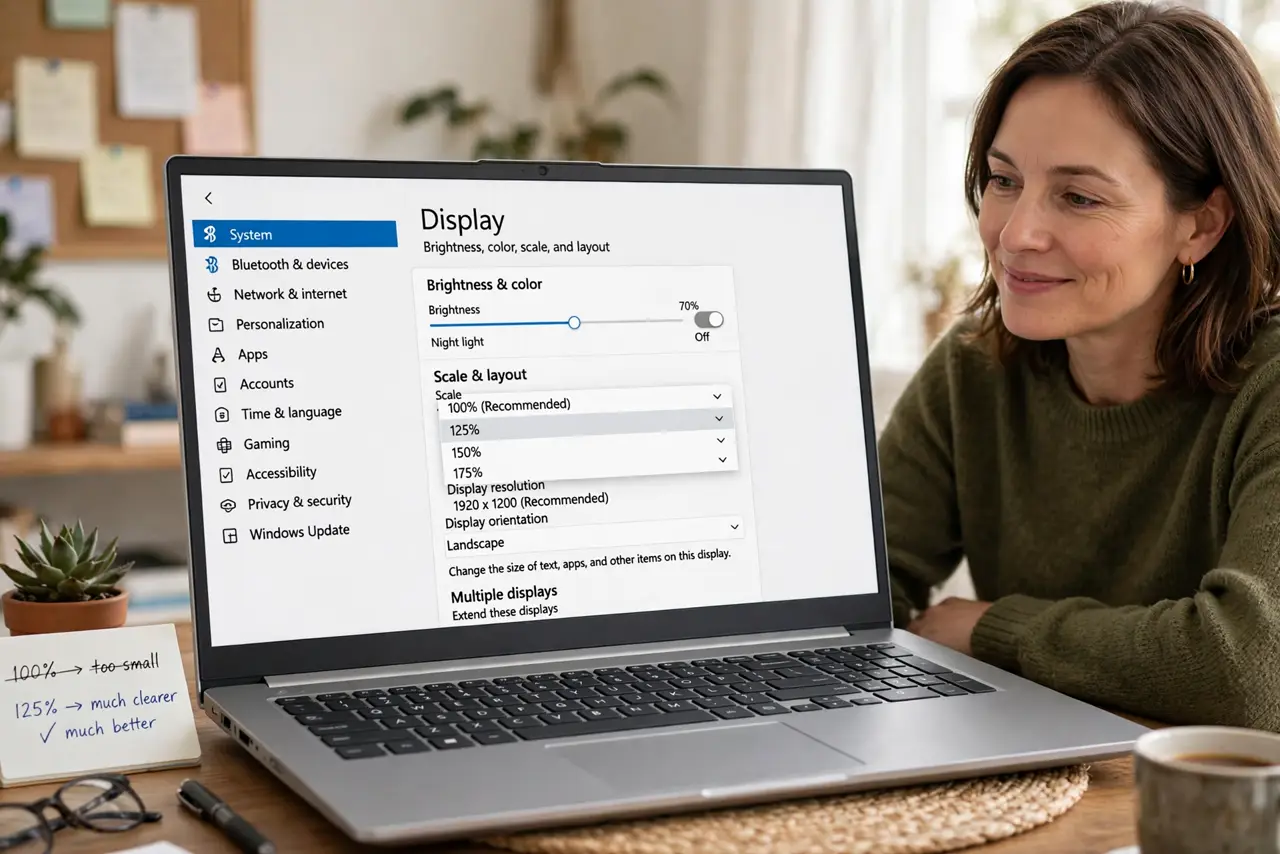 Photoreal photo: a person comparing text size on a real Windows screen showing display settings with a legible scaling dropdown, the person's face relieved, home office. No black screen, no blank white screen, no fake or
