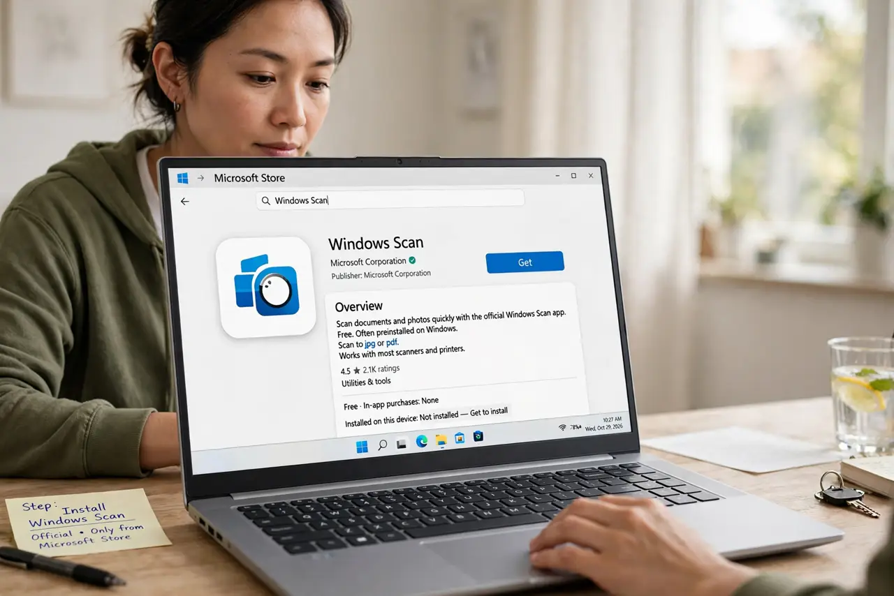 A person performing the first step of the guide: Install Windows Scan. It is often preinstalled; if not, get Windows Scan free from the Microsoft Store. Do not.