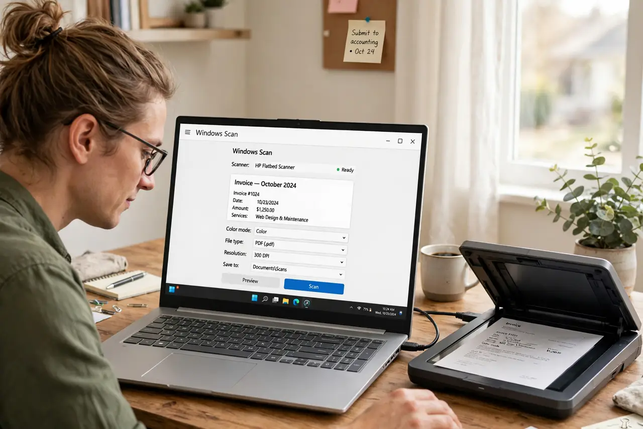 A person scanning a real document on a real flatbed scanner connected to a real Windows PC showing the Windows Scan app with legible controls, the.