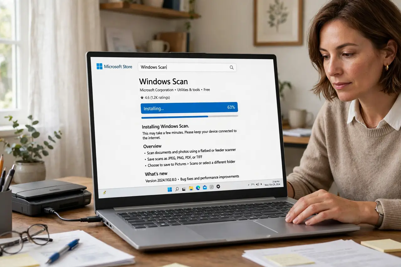 A person performing the first step: Install Windows Scan if needed. Search the Microsoft Store for Windows Scan and.